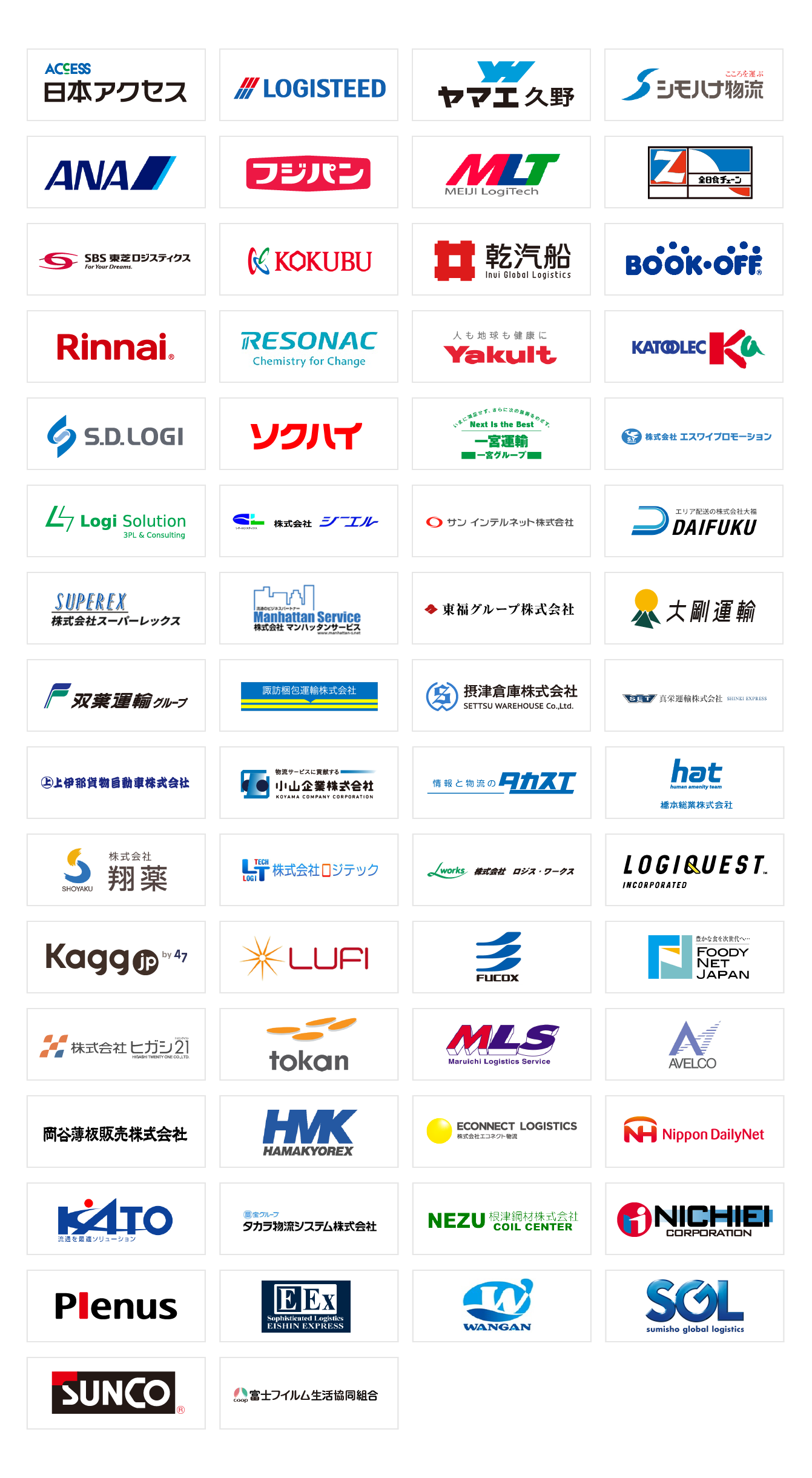 株式会社日本アクセス、ロジスティード株式会社、ヤマエ久野株式会社、シモハナ物流株式会社、全日本空輸株式会社、ANA、フジパン株式会社、明治ロジテック株式会社、全日本食品株式会社、ＳＢＳ東芝ロジスティクス株式会社、国分フード・フレッシュトランス株式会社、、乾汽船株式会社、ブックオフコーポレーション株式会社、株式会社リンナイ、株式会社レゾナック、ヤクルトロジスティクス株式会社、カトーレック株式会社、エス・ディ・ロジ株式会社、株式会社ソクハイ、一宮運輸株式会社、株式会社エスワイプロモーション、ロジソリューション株式会社、株式会社シーエル、サン インテルネット株式会社、株式会社 大福、株式会社スーパーレックス、株式会社マンハッタンサービス、東福グループ株式会社、大剛運輸株式会社、双葉運輸株式会社、諏訪梱包運輸株式会社、摂津倉庫株式会社、真栄運輸株式会社、上伊那貨物自動車株式会社、小山企業株式会社、高末株式会社、橋本総業株式会社、47インキュベーション株式会社、株式会社ルーフィ、株式会社フコックス、株式会社フーディーネットジャパン、株式会社ヒガシトゥエンティワン、株式会社トーカン、マルイチ・ロジスティクス・サービス株式会社、株式会社アベルコ、加藤産業株式会社、タカラ物流システム株式会社、根津鋼材株式会社、日栄商事株式会社、株式会社プレナス、栄進急送株式会社、湾岸株式会社、住商グローバル・ロジスティクス株式会社、サンコーインダストリー株式会社、富士フイルム生活協同組合