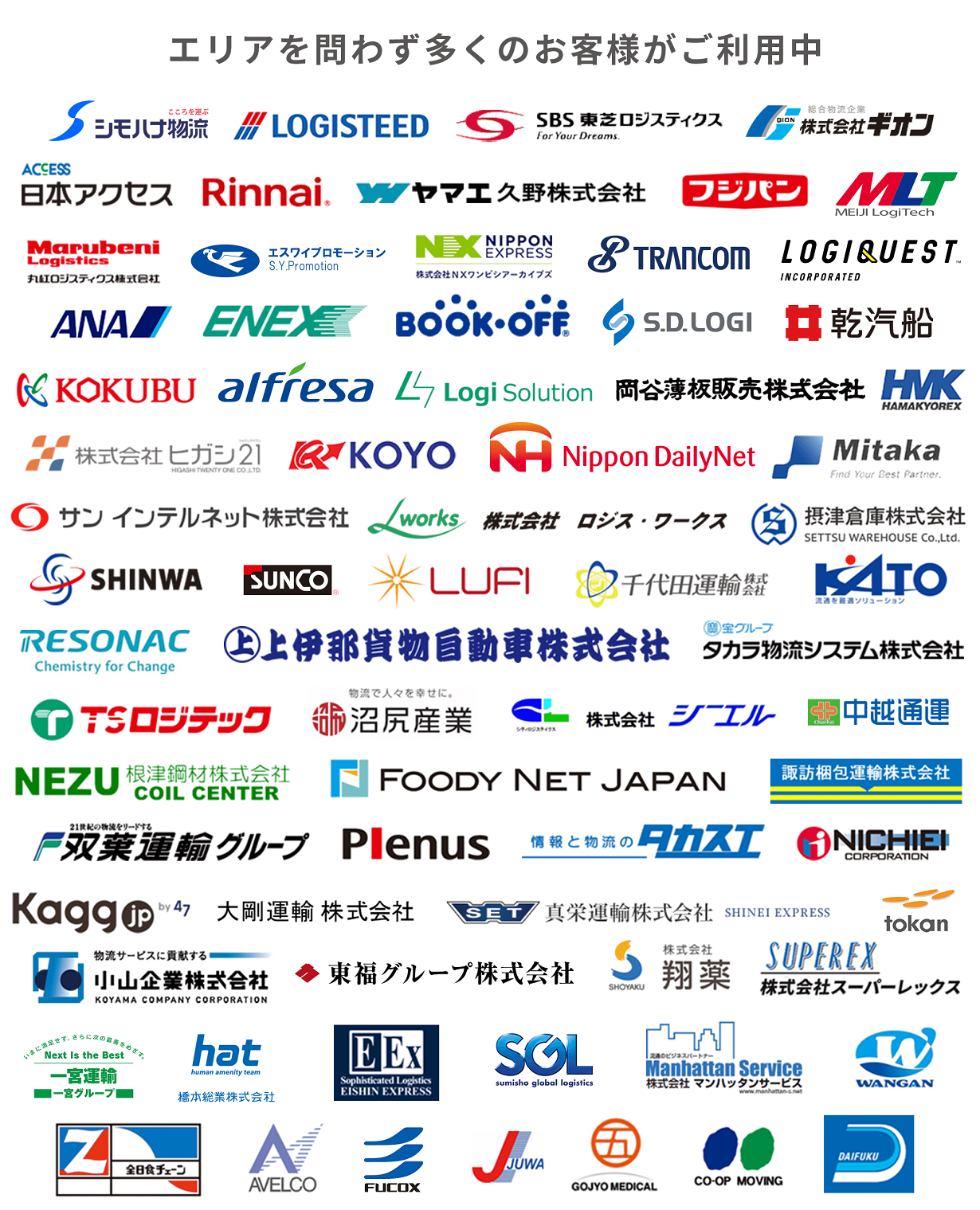 自動配車システム「LYNA 自動配車クラウド」導入企業：株式会社日立物流、株式会社日本アクセス、ＳＢＳ東芝ロジスティクス株式会社、シモハナ物流株式会社、明治ロジテック株式会社、ヤマエ久野株式会社、国分フードクリエイト株式会社、株式会社ロジクエスト、乾汽船株式会社、株式会社エス・ディ・ロジ